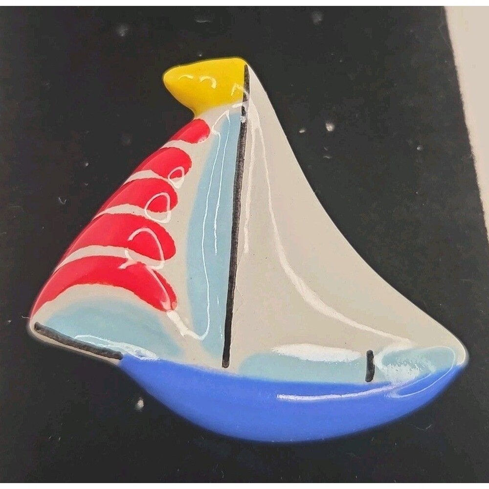 Vintage 1980s Flying SF Colors Ceramic Sailboat Pin Brooch Hand Painted Nautical